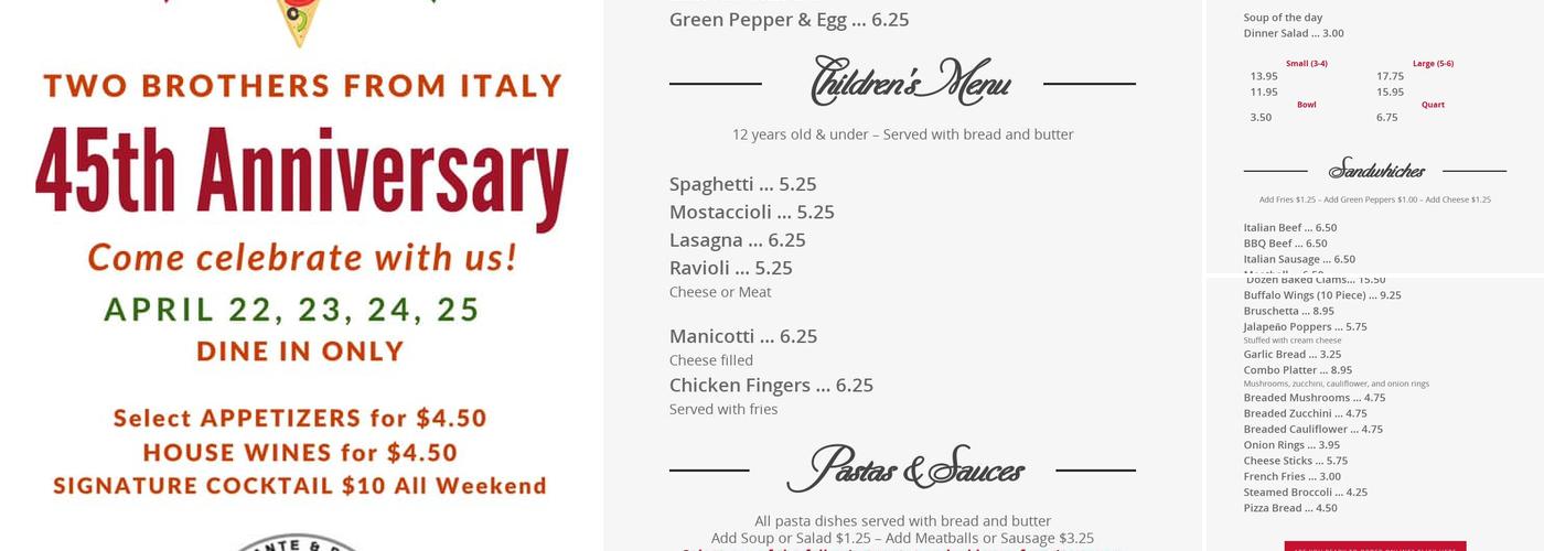 Two Brothers From Italy Ristorante & Pizzeria Menu