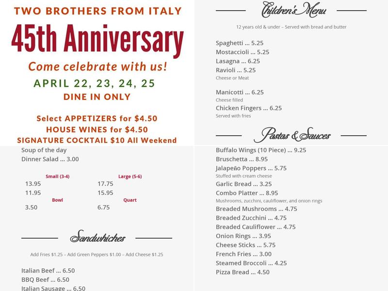 Two Brothers From Italy Ristorante & Pizzeria Menu