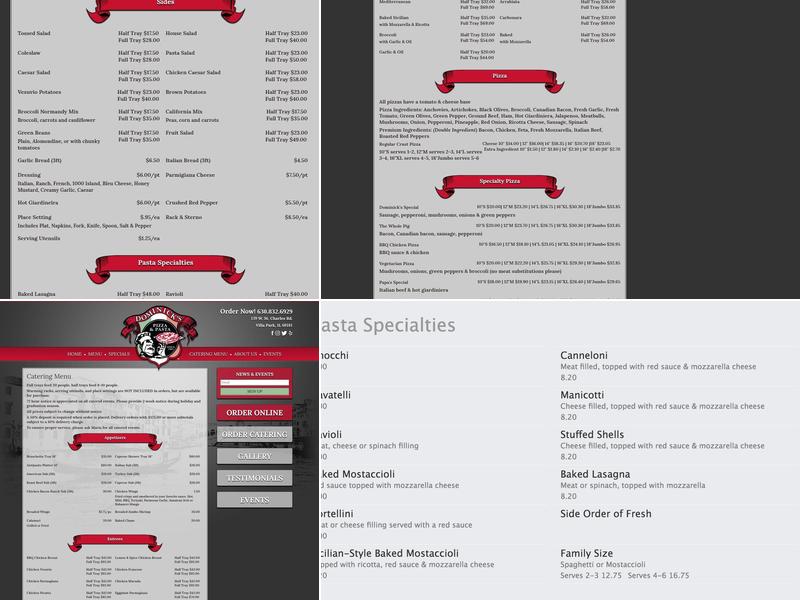 Dominick's Pizza and Pasta Menu