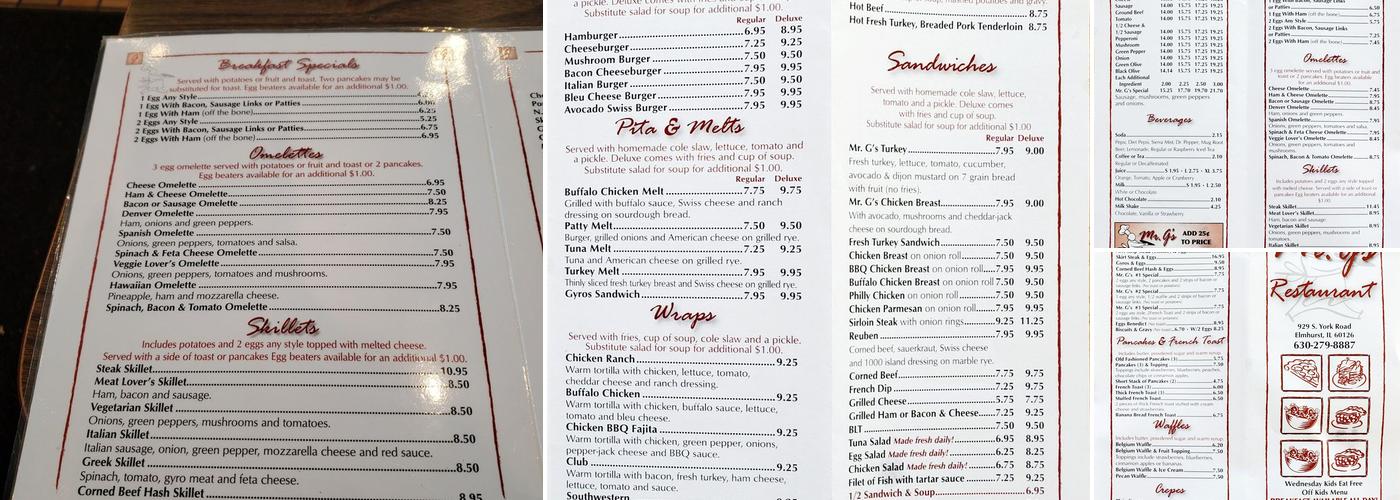 Mr G's Restaurant Menu