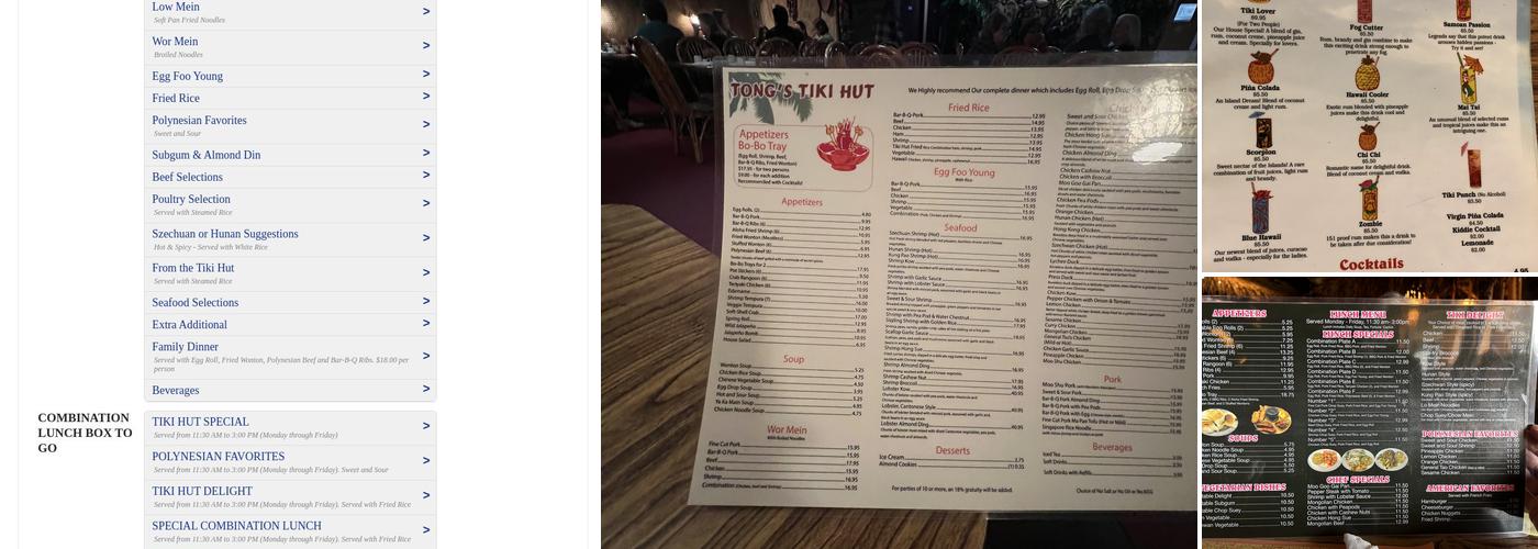 Tong's Tiki Hut Menu