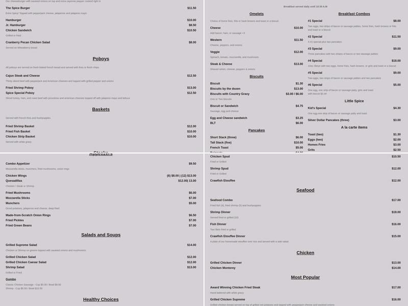 Southern Spice Restaurant & Grill Menu