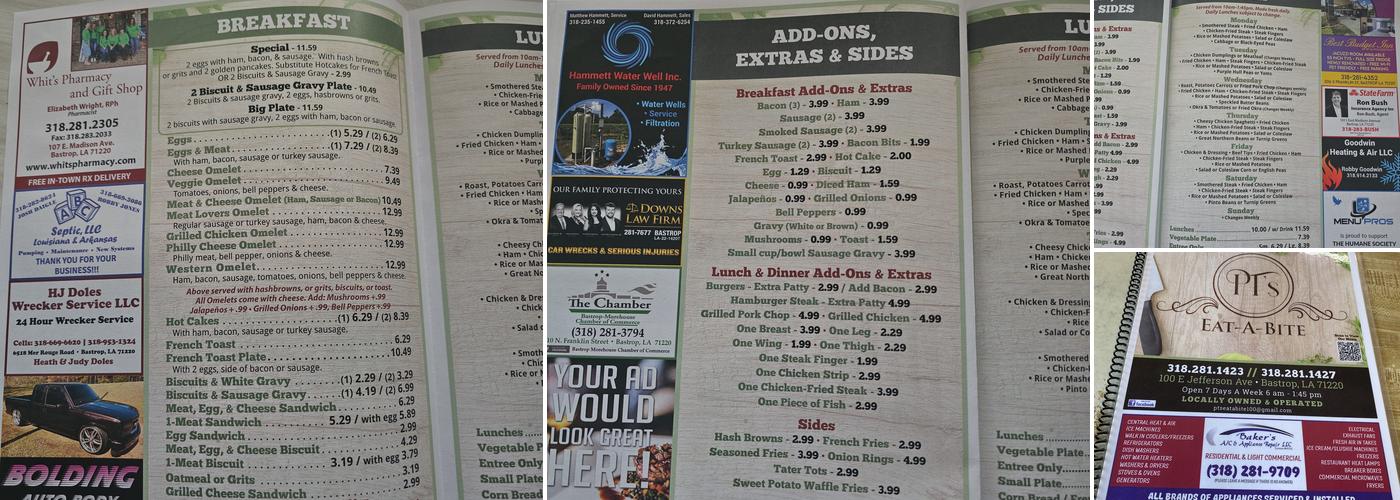 P T's Eat-A-Bite Menu