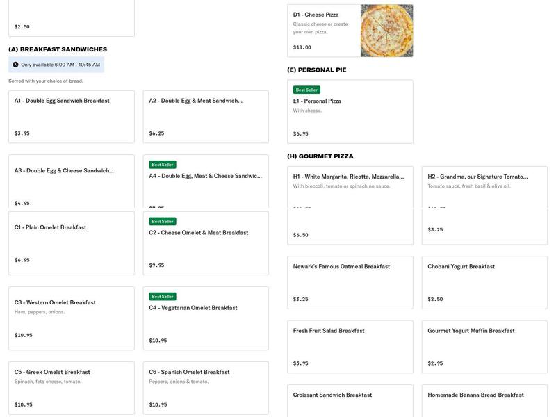 Pronto Cafe Menu