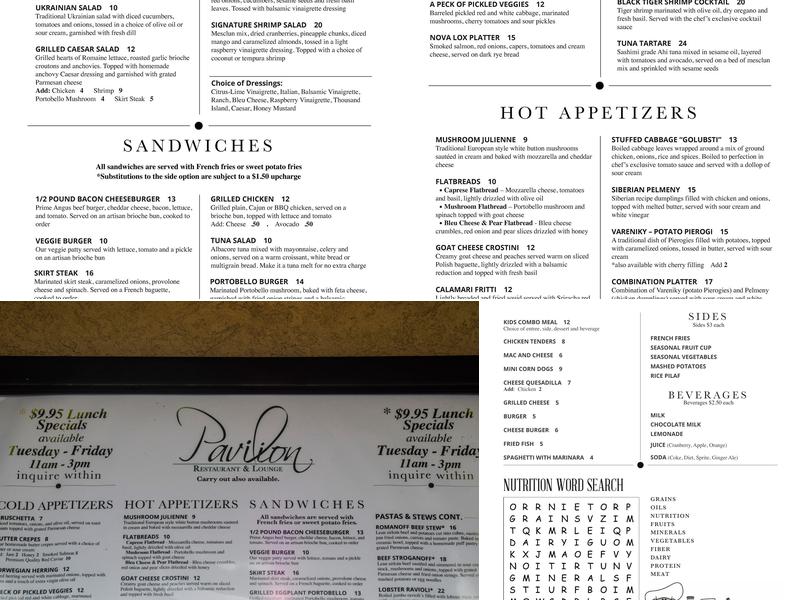 Pavilion Restaurant Menu