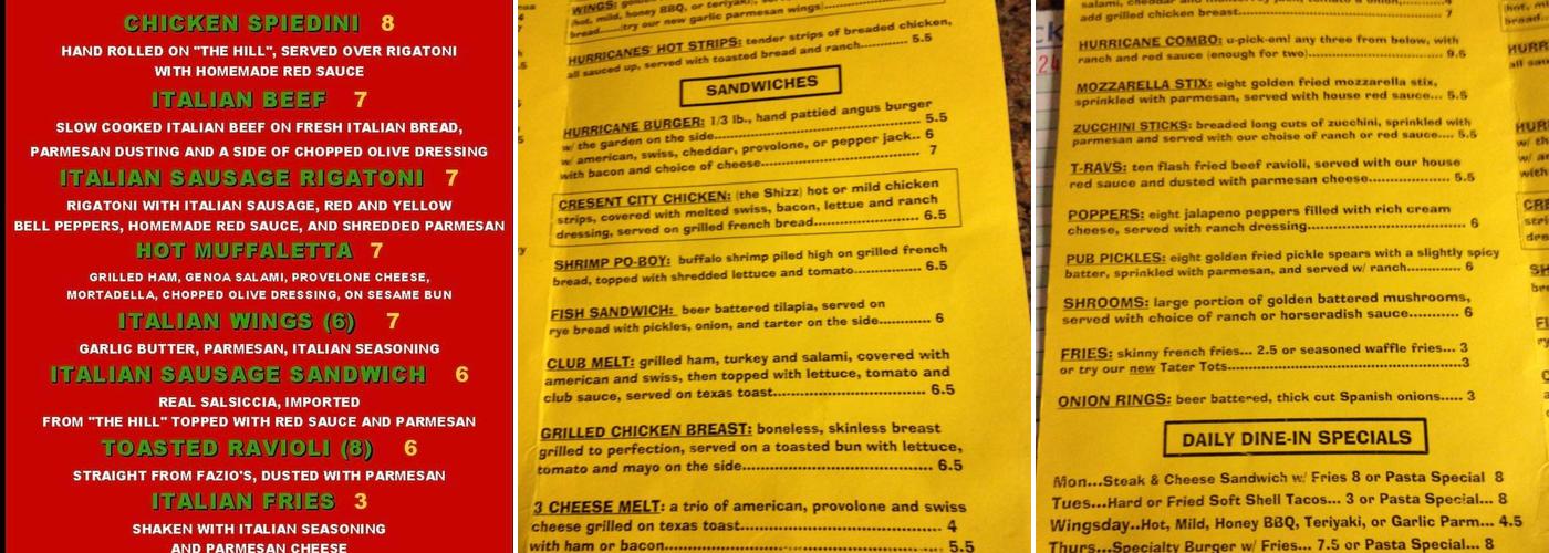 Hurricanes Bar & Grill Menu