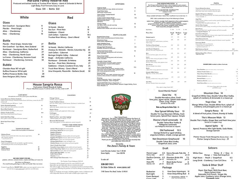 Zano's Family Italian & Pizzeria Menu