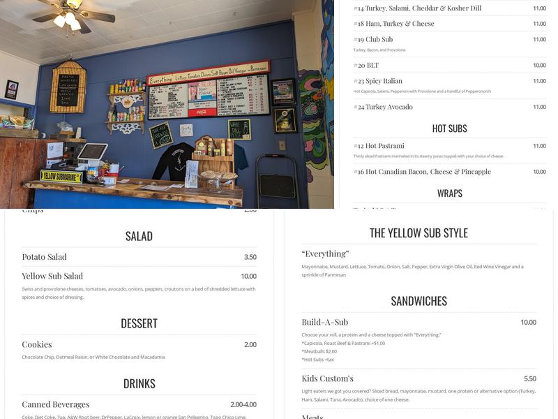 Yellow Submarine sandwich shop Menu