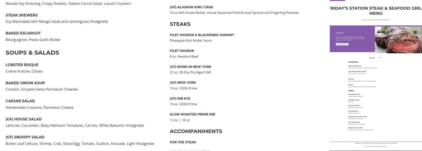 Fridays Station Steak & Seafood Grill Menu