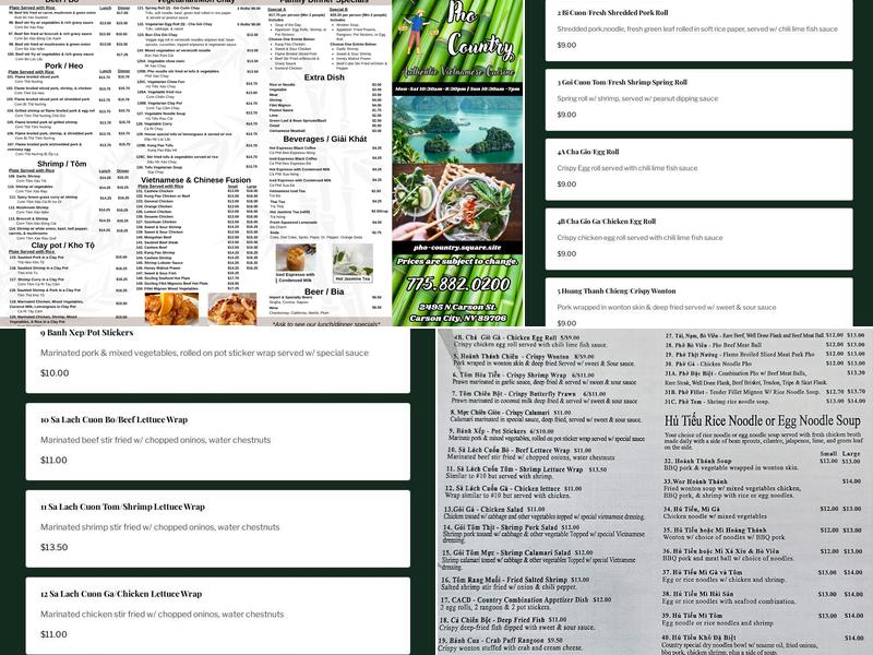 Pho Country Menu