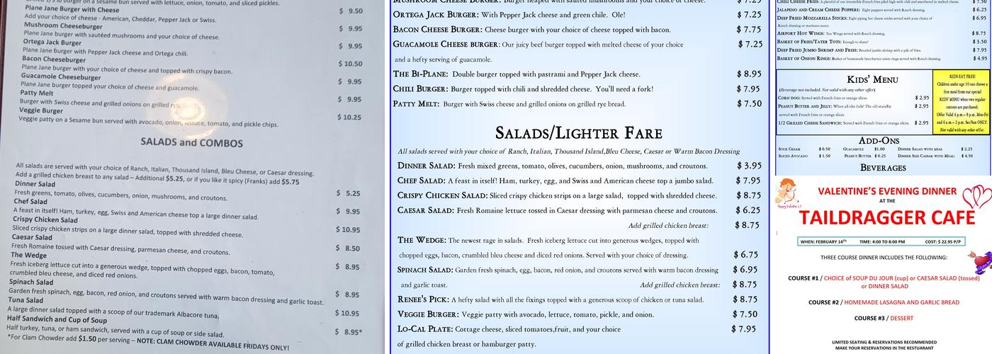 Taildragger Cafe Menu