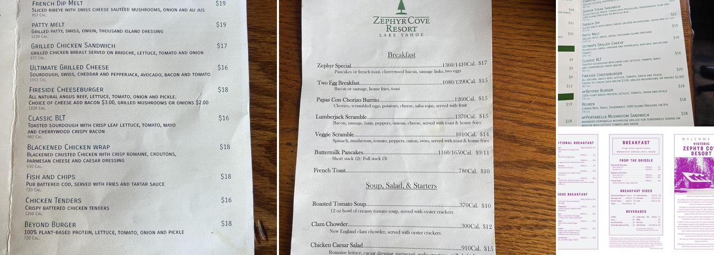 Zephyr Cove Restaurant Menu