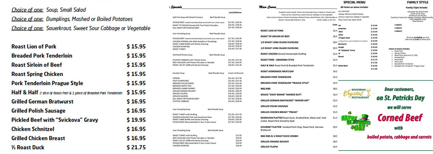 Bohemian Crystal (closed) Menu