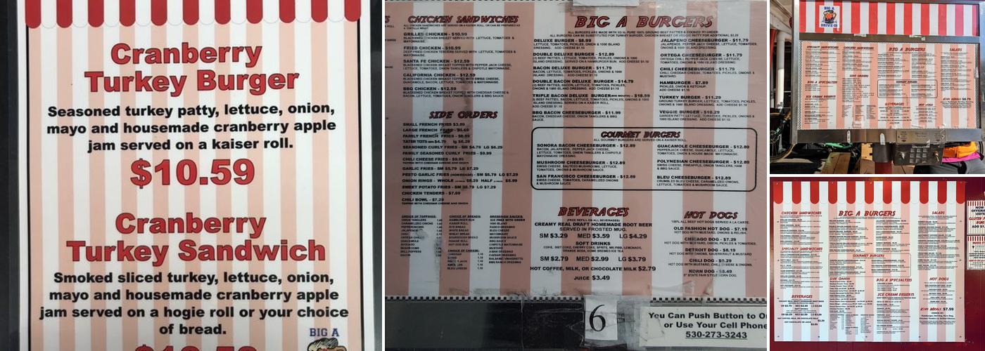 Big A Rootbeer Drive In Menu