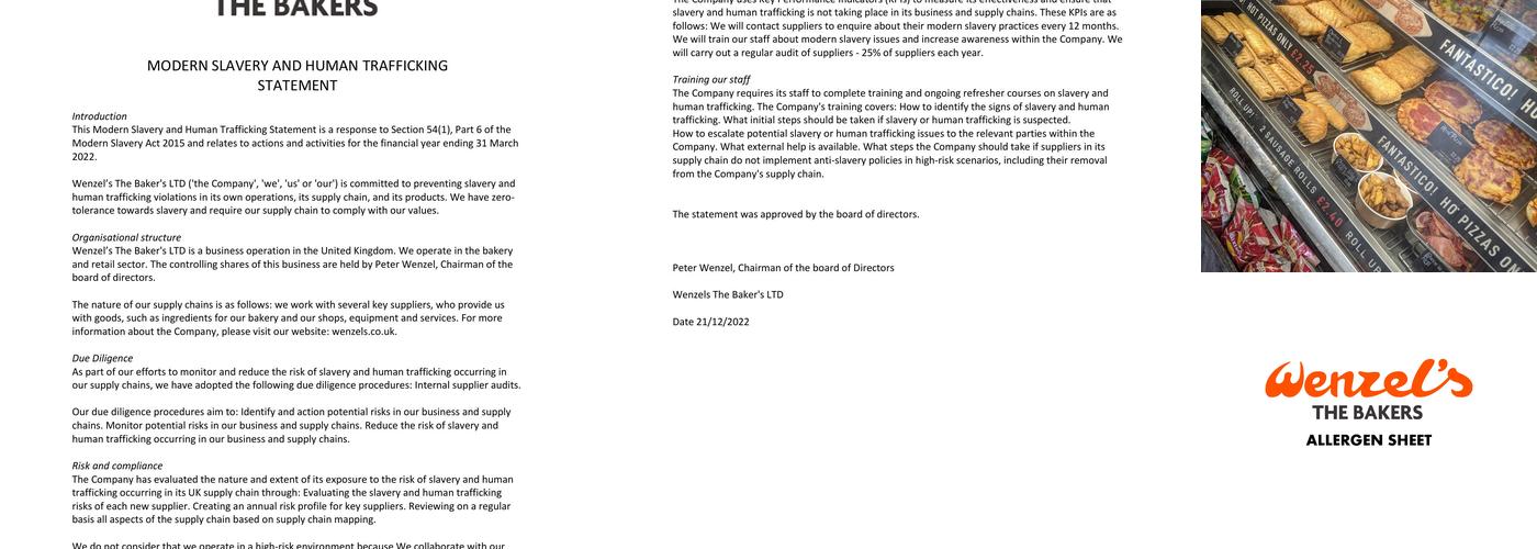 Wenzel's the Bakers Menu