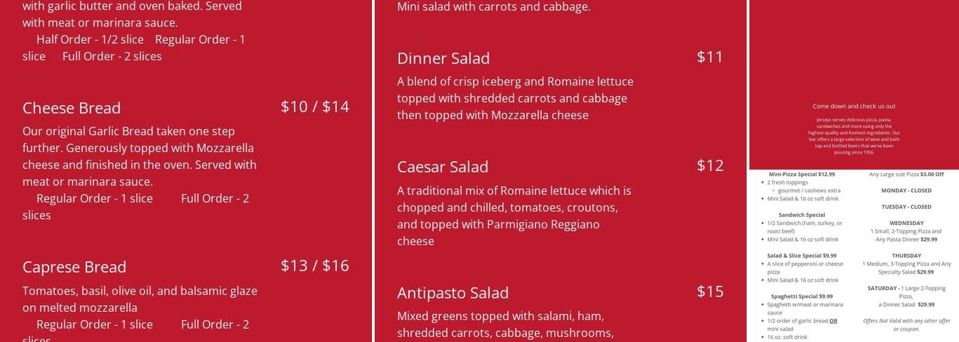 Jerseys Pizza Menu
