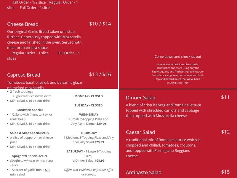 Jerseys Pizza Menu