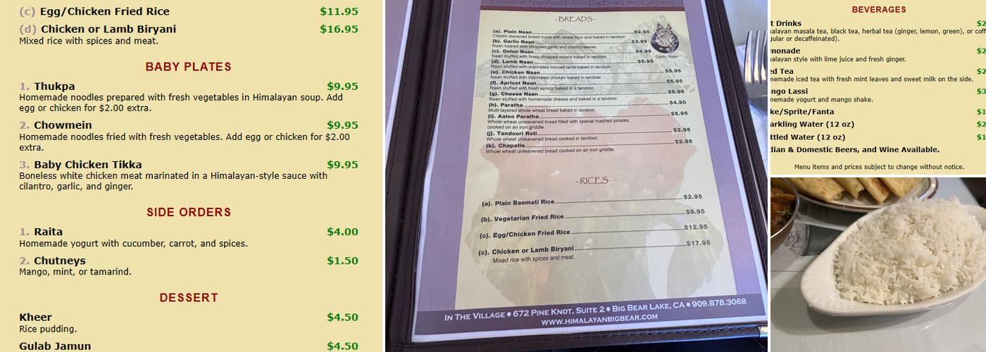 Himalayan Restaurant Menu