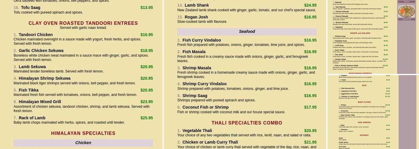 Himalayan Restaurant Menu