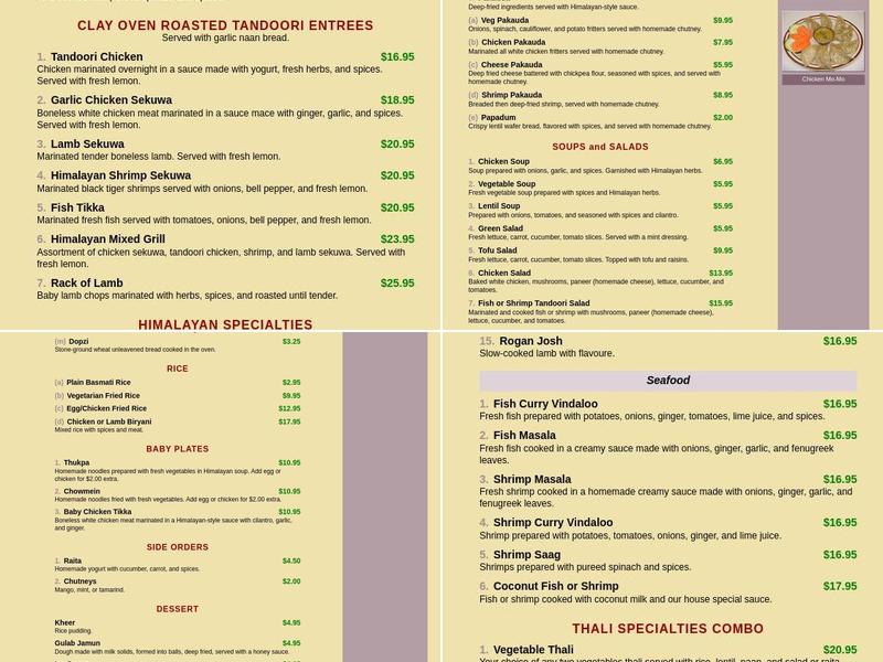 Himalayan Restaurant Menu