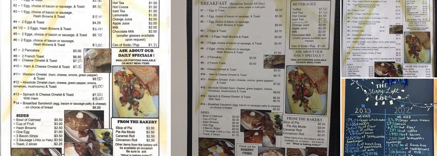 Shining Light Cafe Menu