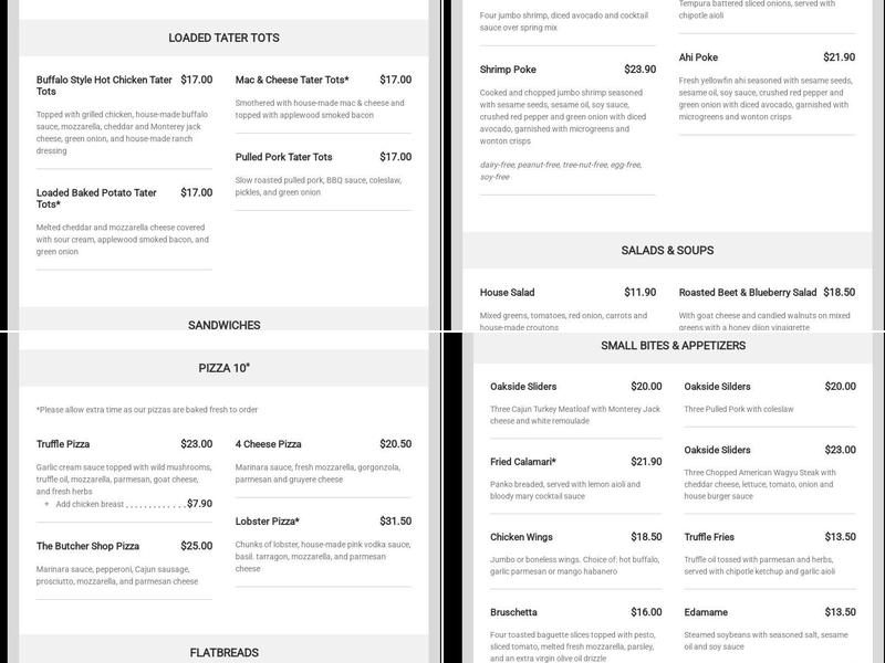 Oakside Menu