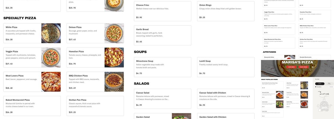 Marisa's Pizza Menu