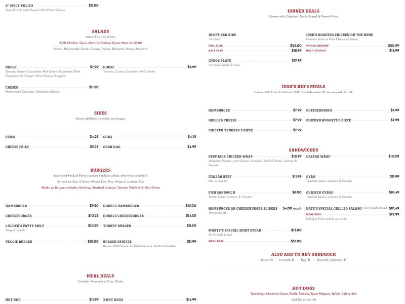 Josh's Hot Dogs Menu