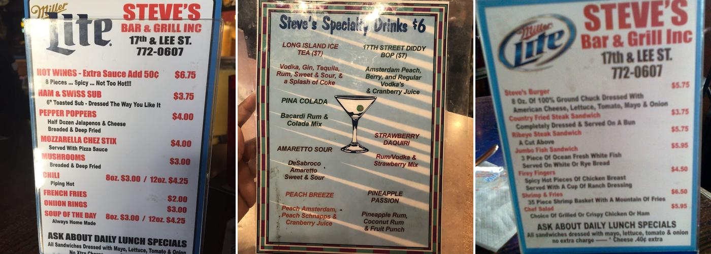 Steve's Bar & Grill Menu