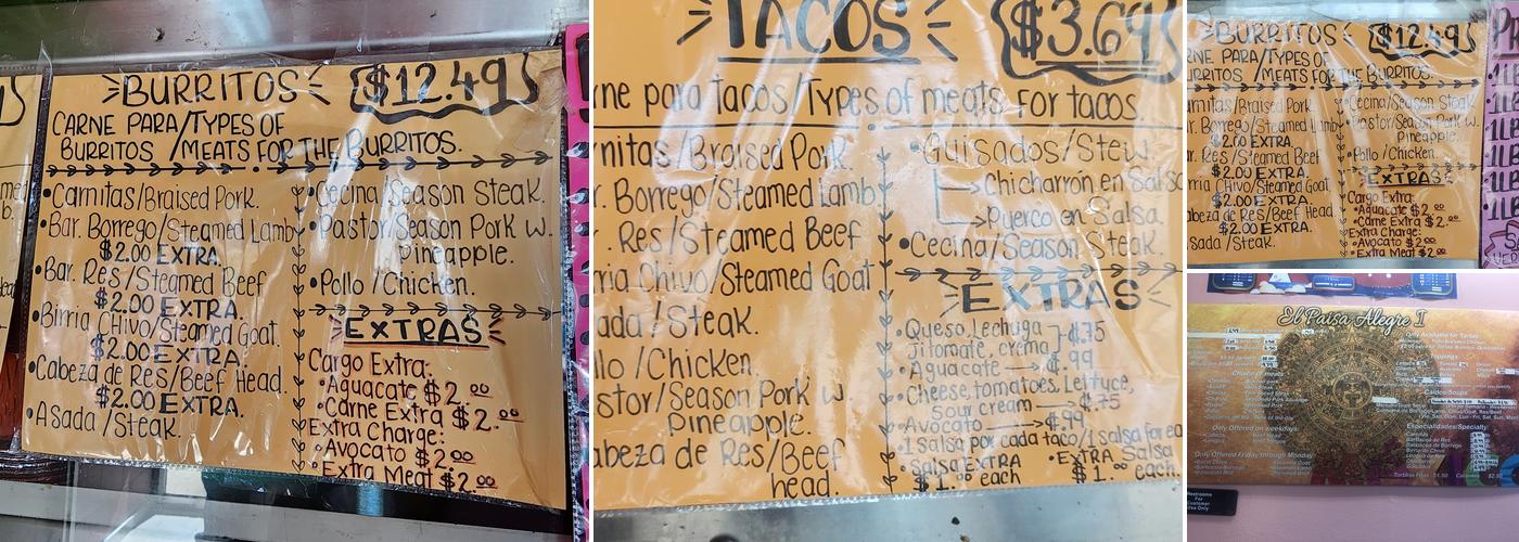 Carnitas El Paisa Alegre # 1 Taqueria Menu