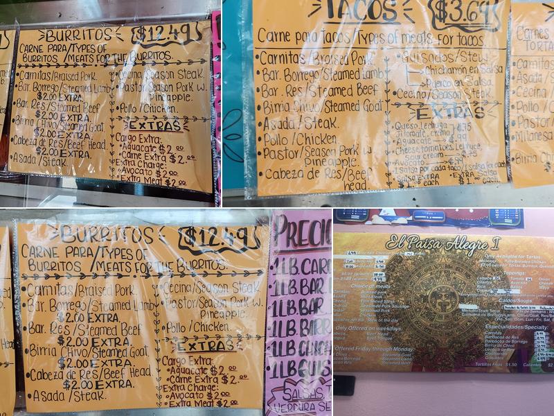 Carnitas El Paisa Alegre # 1 Taqueria Menu