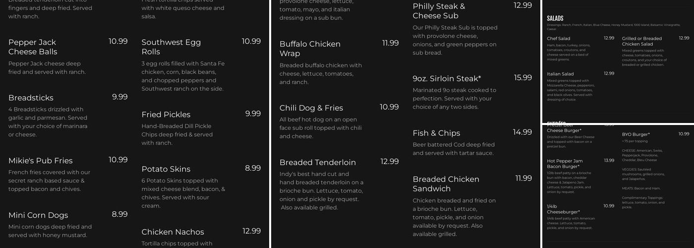 Mikie's Pub Menu