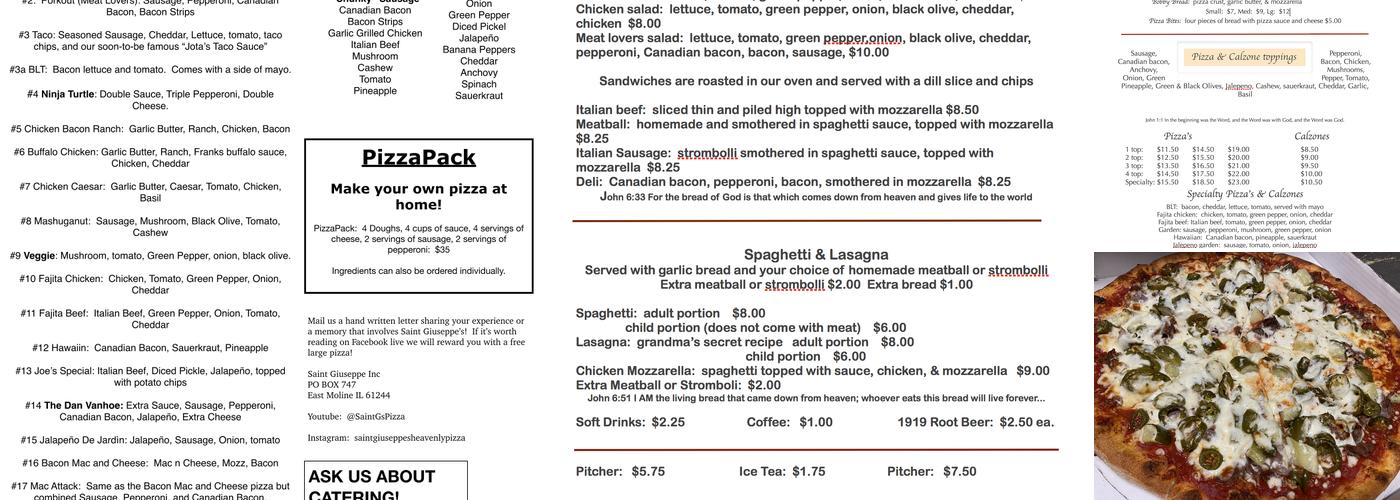 Saint Giuseppes Pizza Menu