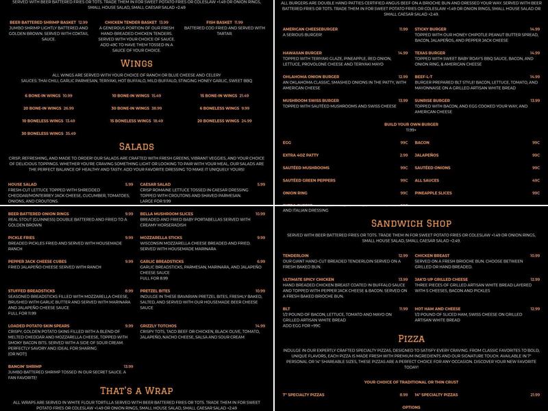 Bojak's Bar & Grille Menu