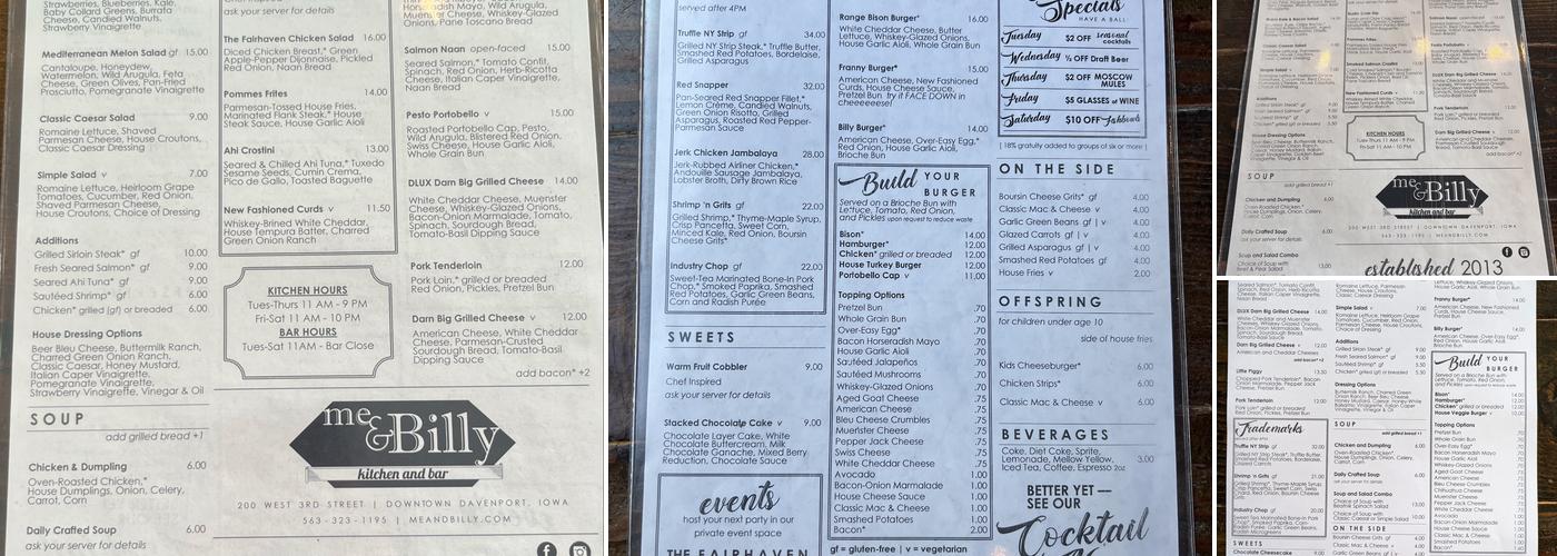 Me & Billy Menu
