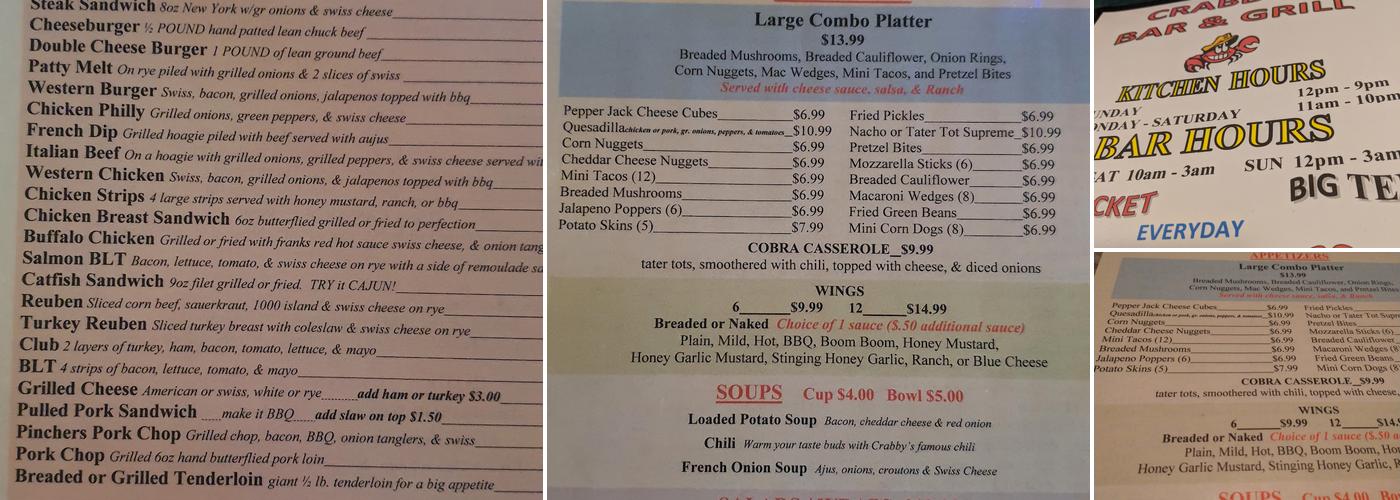Crabby's Bar & Grill Menu