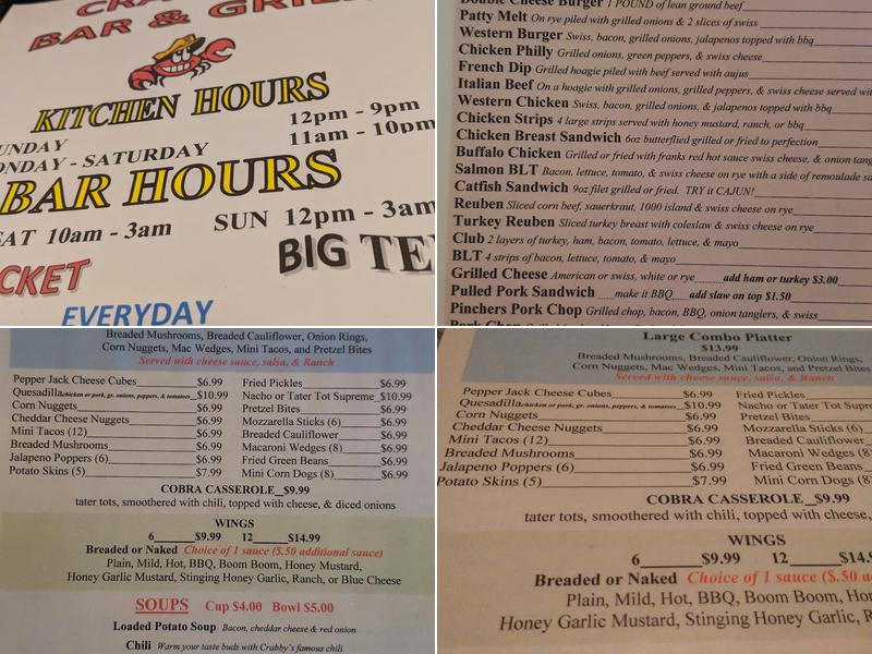 Crabby's Bar & Grill Menu