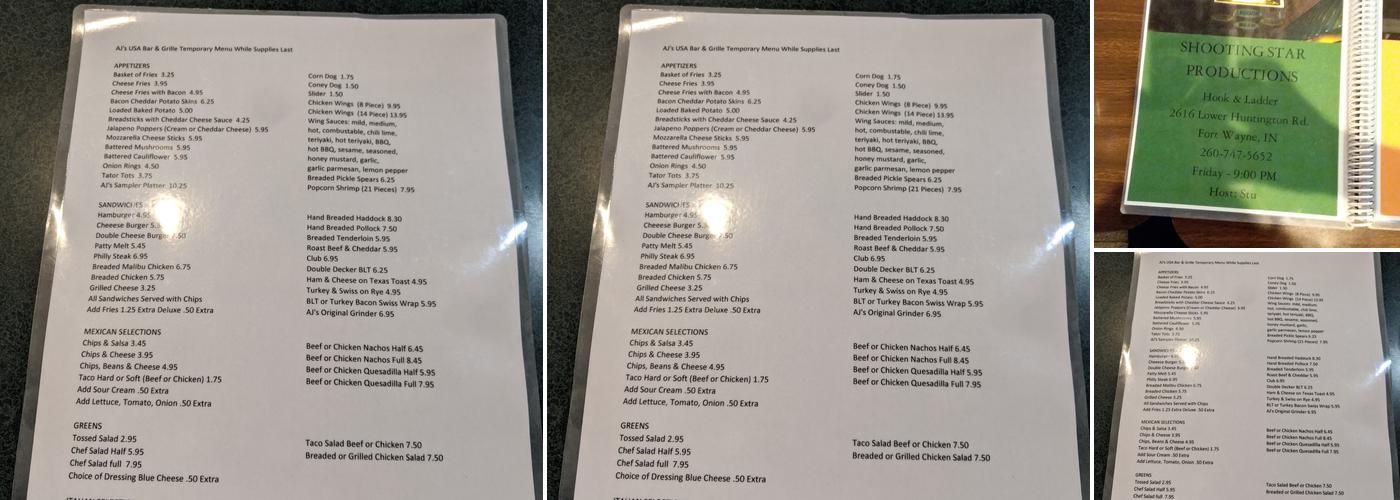 A J's Bar & Grill Menu