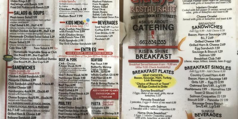 Glady's Restaurant Menu