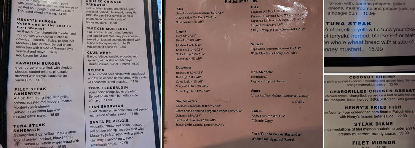 Henry's Restaurant Menu