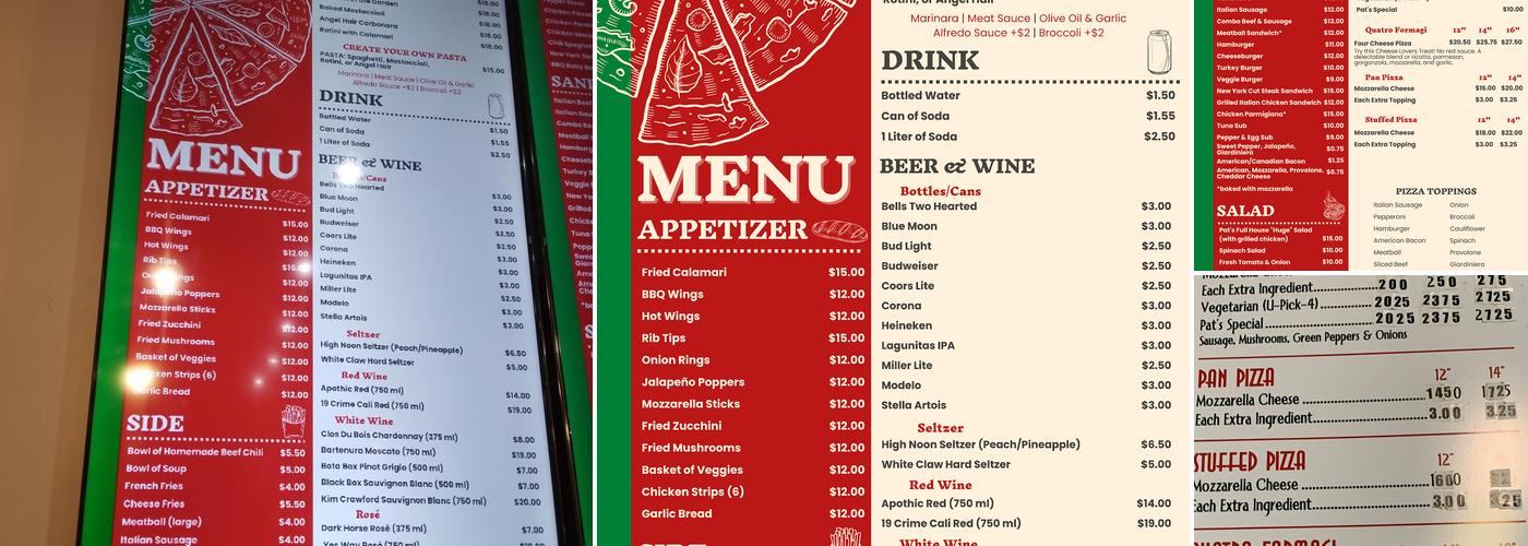 Pat's Pizza Menu