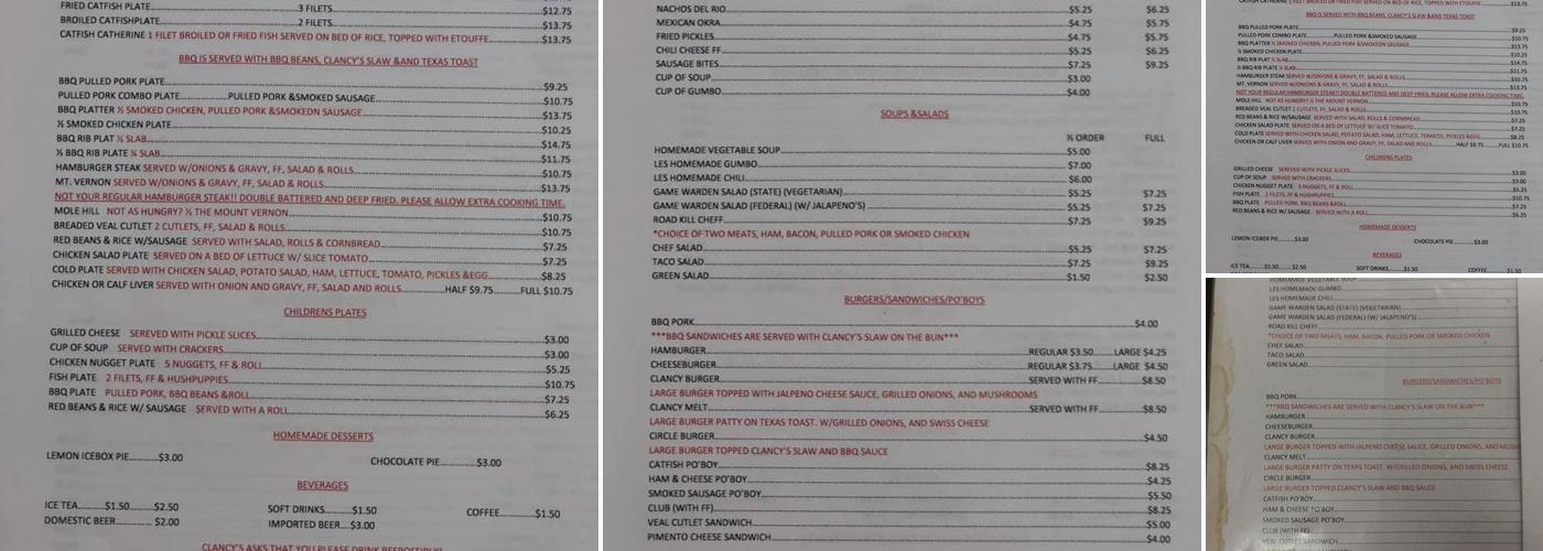 Clancy's Menu