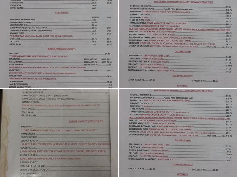 Clancy's Menu