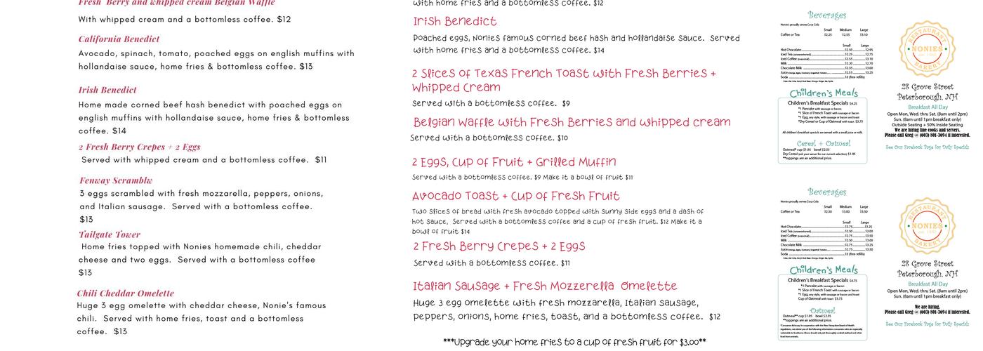 Nonie's Restaurant & Bakery Menu