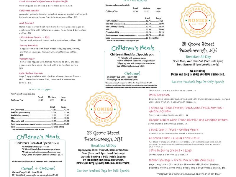 Nonie's Restaurant & Bakery Menu