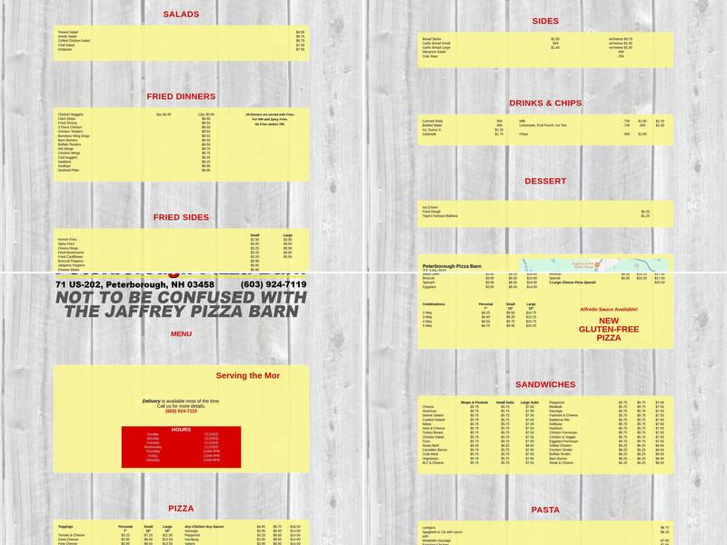Peterborough Pizza Barn Menu