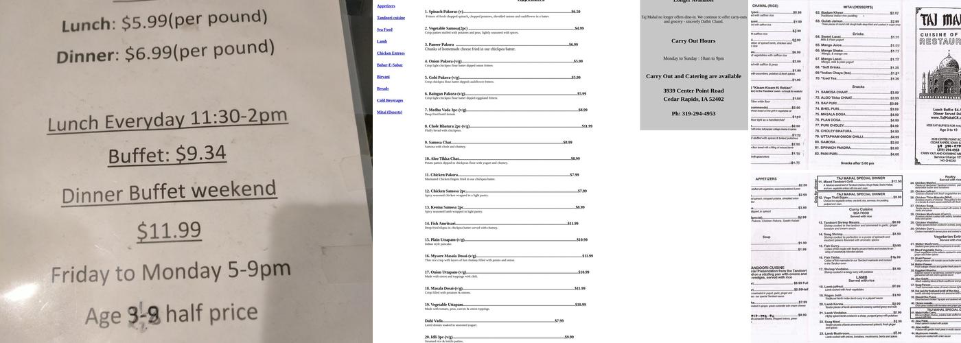 Taj Mahal Cuisine of India Menu