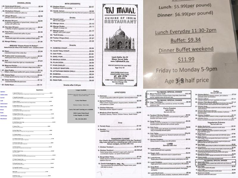 Taj Mahal Cuisine of India Menu