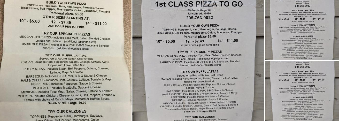 First Class Pizza To Go Menu