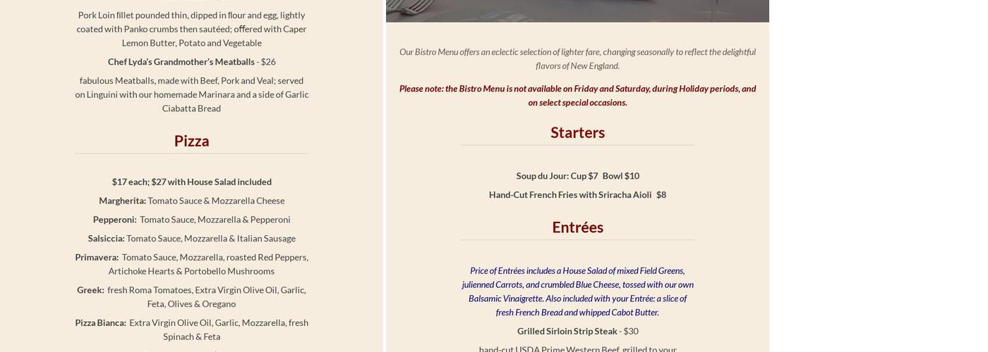 The Prince & The Pauper Restaurant Menu